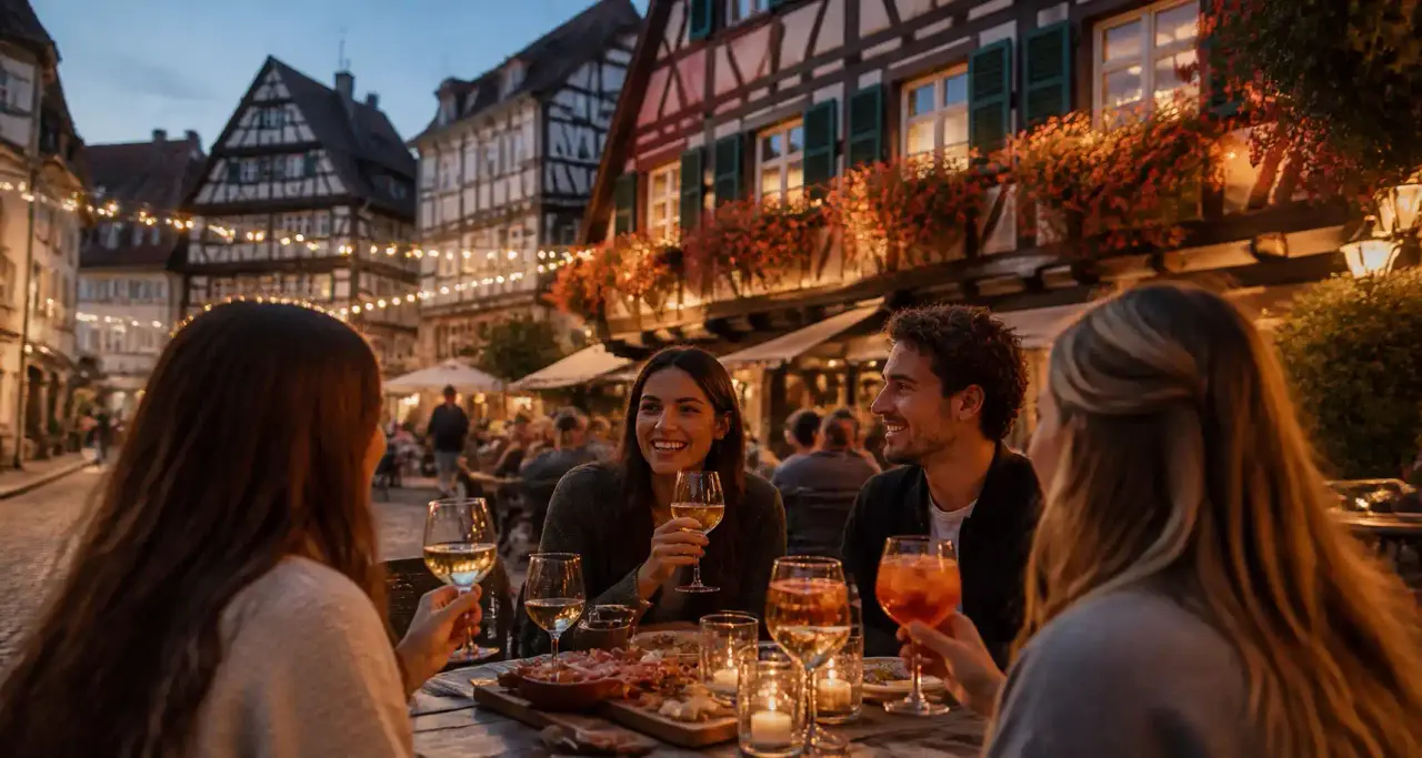 Terrasse conviviale un soir d'&eacute;t&eacute; sur une place pav&eacute;e de la vieille ville de Strasbourg, maisons &agrave; colombages aux volets verts et guirlandes lumineuses