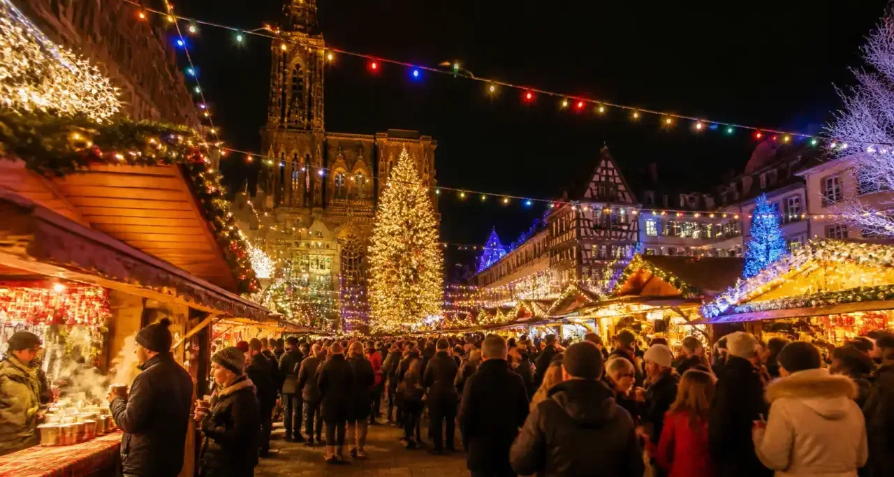 March&eacute; de No&euml;l de Strasbourg illumin&eacute; dans une ambiance f&eacute;erique