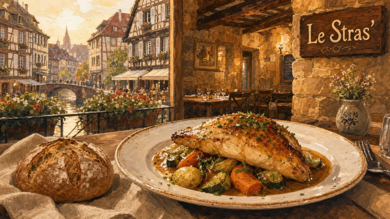 Restaurant le stras : assiette de volaille, cuisine de marché, Petite France