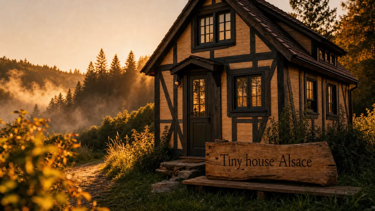 Photo tiny house alsace en ossature bois au coucher du soleil