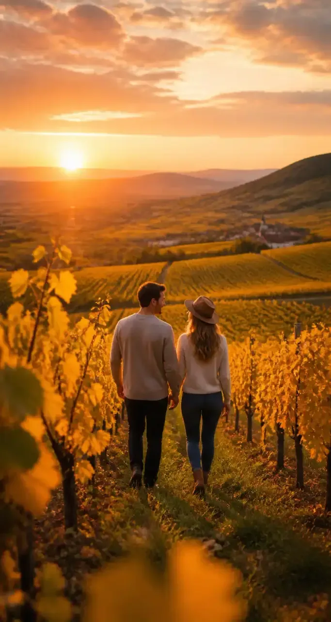 Vignoble alsacien au coucher du soleil, id&eacute;al pour un s&eacute;jour romantique