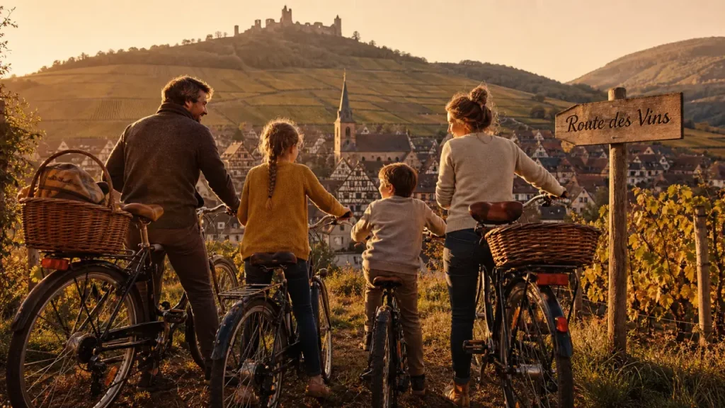 Activités en Alsace : famille à vélo route des vins en village