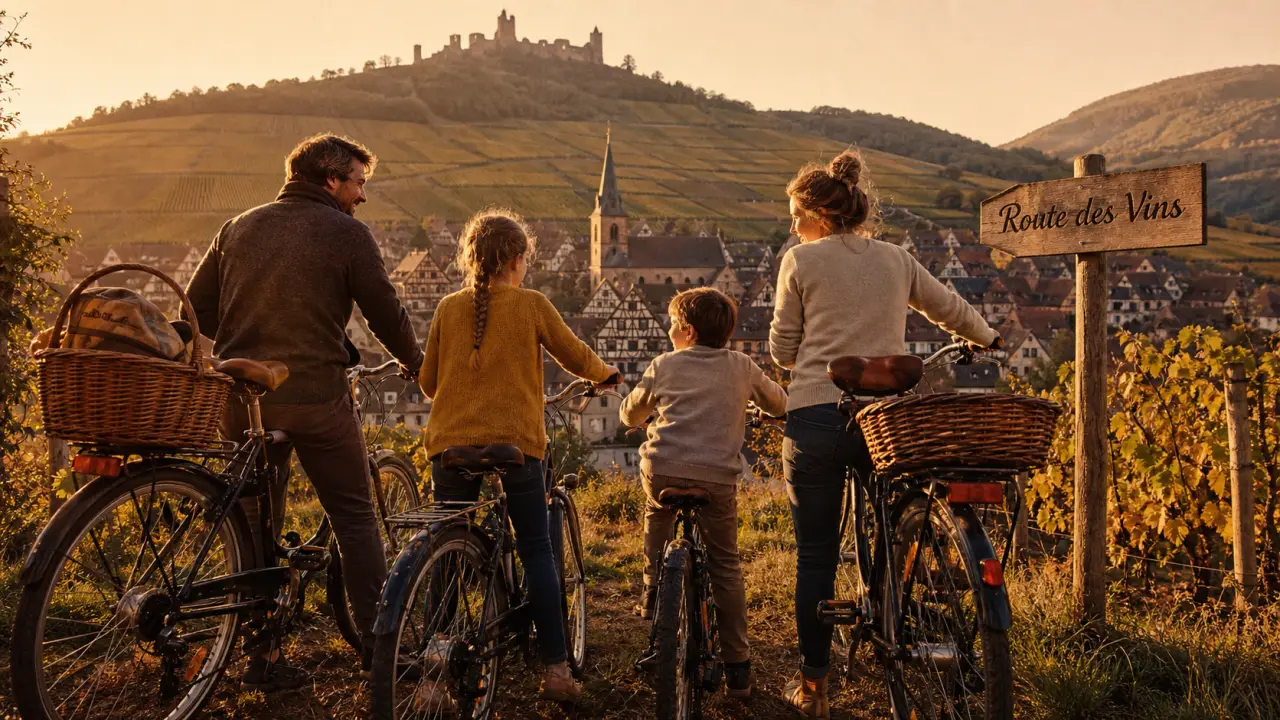 Activités en Alsace : famille à vélo route des vins en village