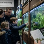 Aquarium Strasbourg : famille devant un bac d’eau douce en magasin