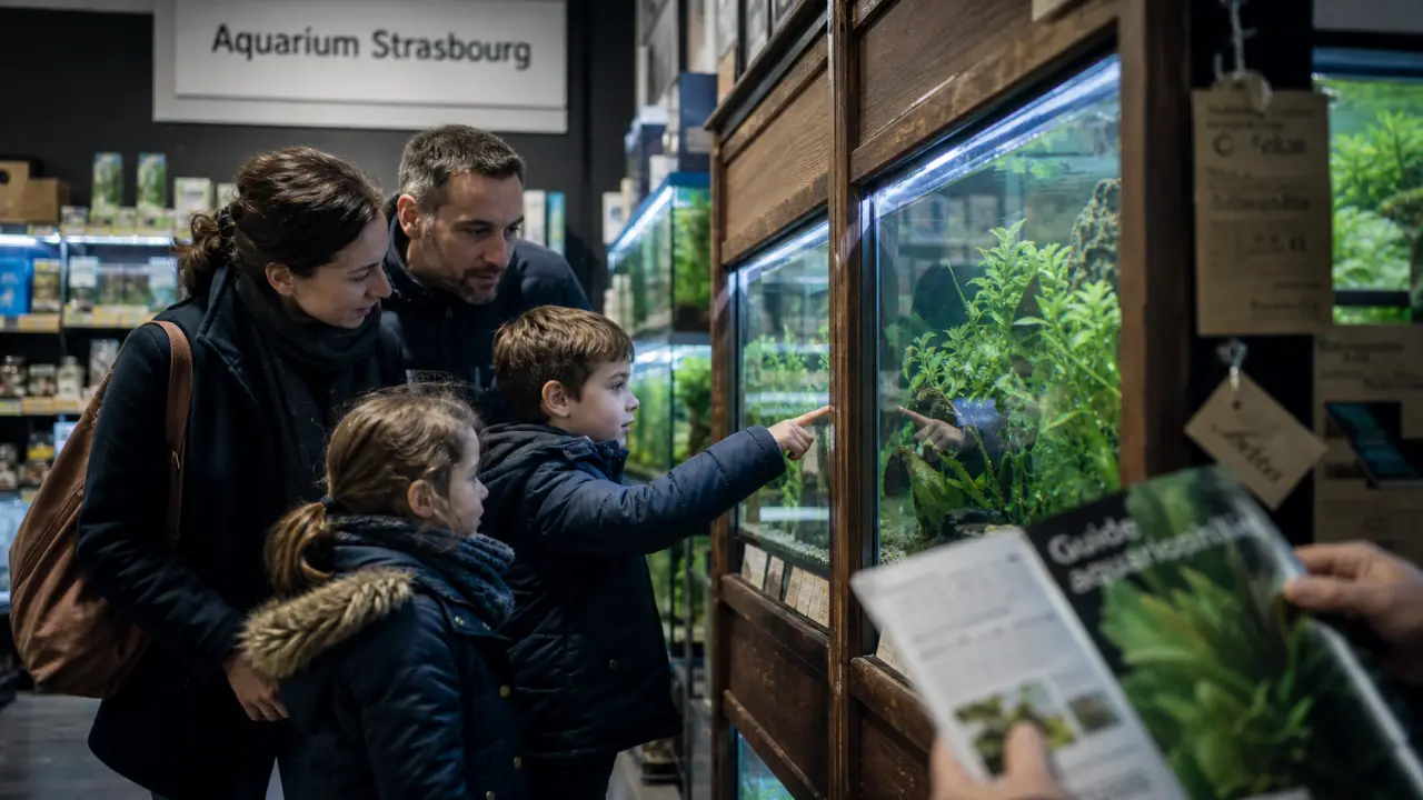 Aquarium Strasbourg : famille devant un bac d’eau douce en magasin