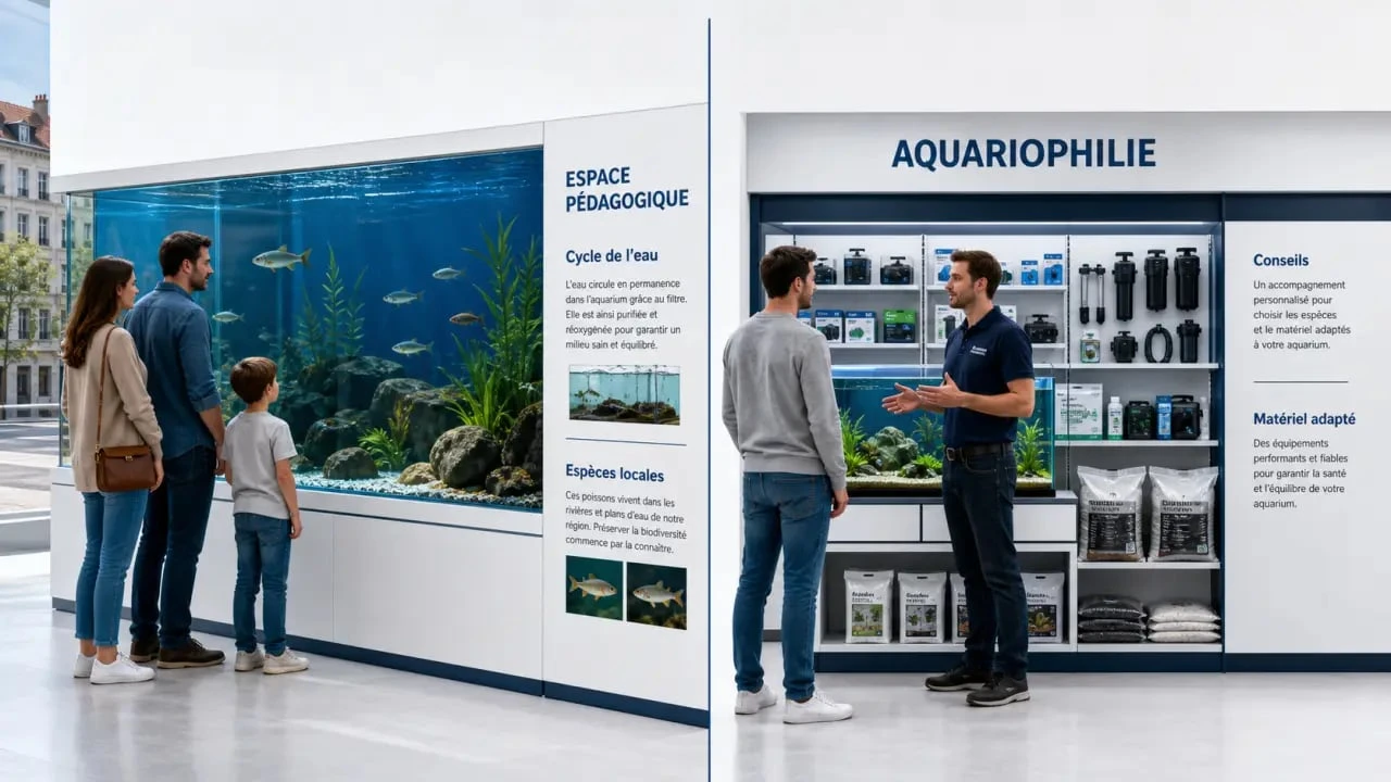 Aquarium Strasbourg : une famille dans un espace aquatique pédagogique et un client dans une animalerie spécialisée