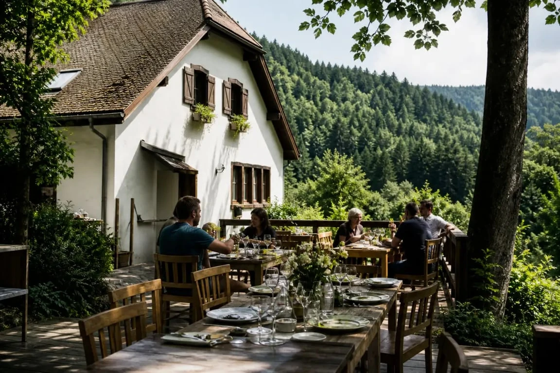 Restaurant orbey alsace : auberge de montagne avec terrasse et paysage des Vosges alsaciennes
