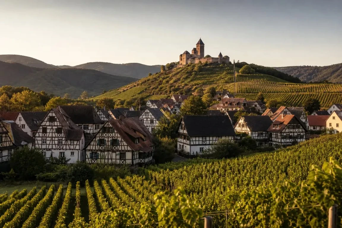 Activités en Alsace : village viticole, château et vignobles au coucher du soleil