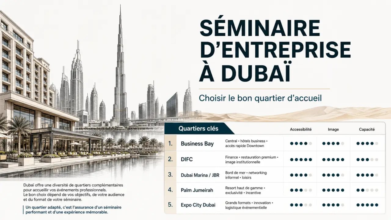 Organiser un séminaire d'entreprise inoubliable à Dubaï : comparaison visuelle des quartiers Business Bay, DIFC, Marina, Palm Jumeirah et Expo City