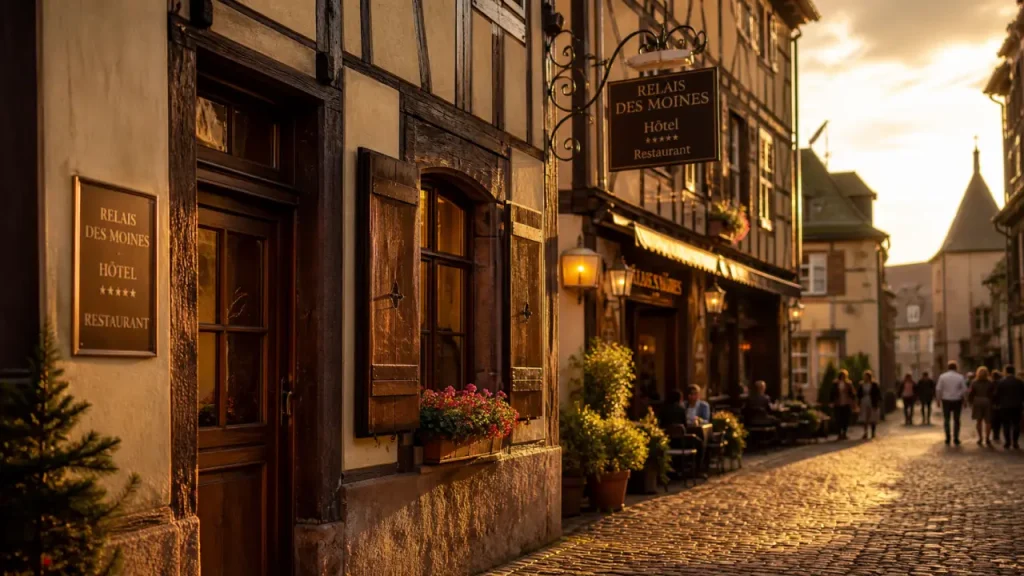 Hotel restaurant saint nicolas riquewihr alsace : façade à colombages et enseigne au golden hour