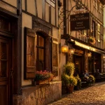 Hotel restaurant saint nicolas riquewihr alsace : façade à colombages et enseigne au golden hour