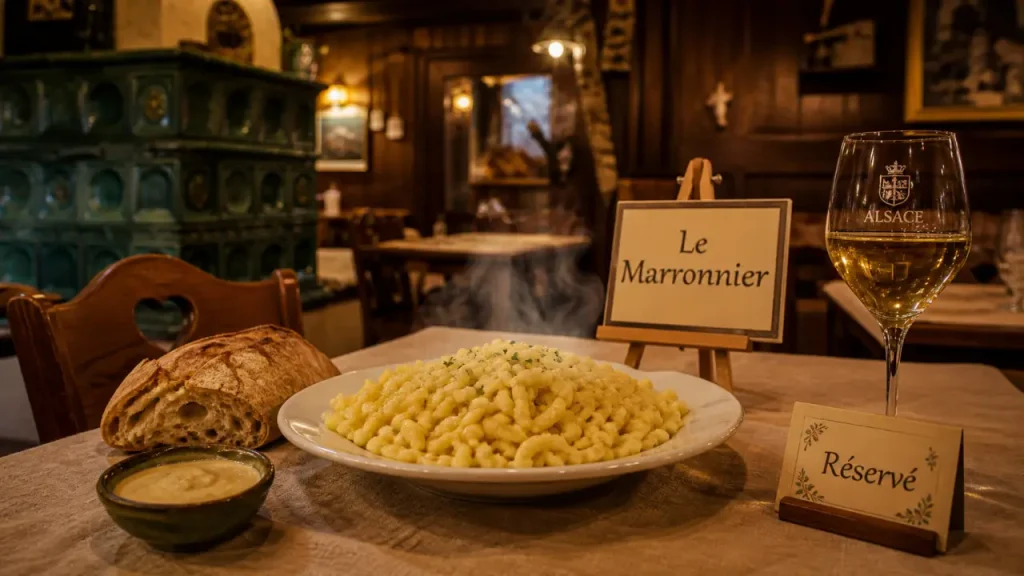 Le marronnier restaurant alsace : table et spätzle fumants