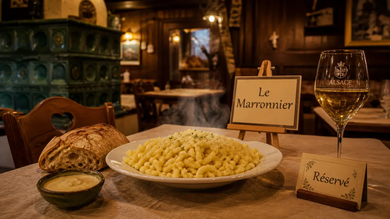 Le marronnier restaurant alsace : table et spätzle fumants
