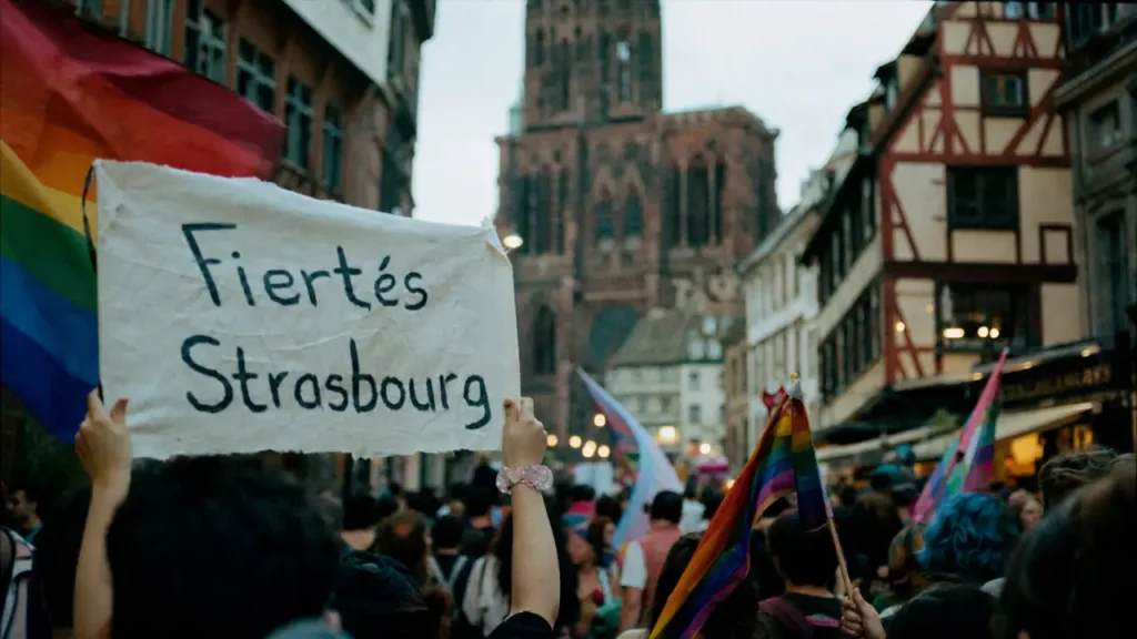 Pride Strasbourg : pancartes et drapeaux LGBTQI+ dans la rue du centre de Strasbourg