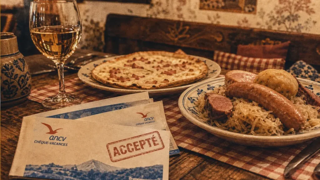 Restaurant acceptant les chèques vacances en Alsace : winstub à Strasbourg, flammekueche et vin blanc