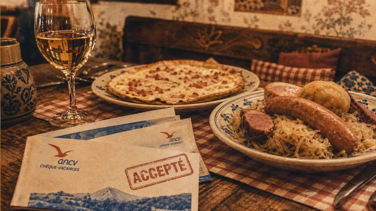 Restaurant acceptant les chèques vacances en Alsace : winstub à Strasbourg, flammekueche et vin blanc
