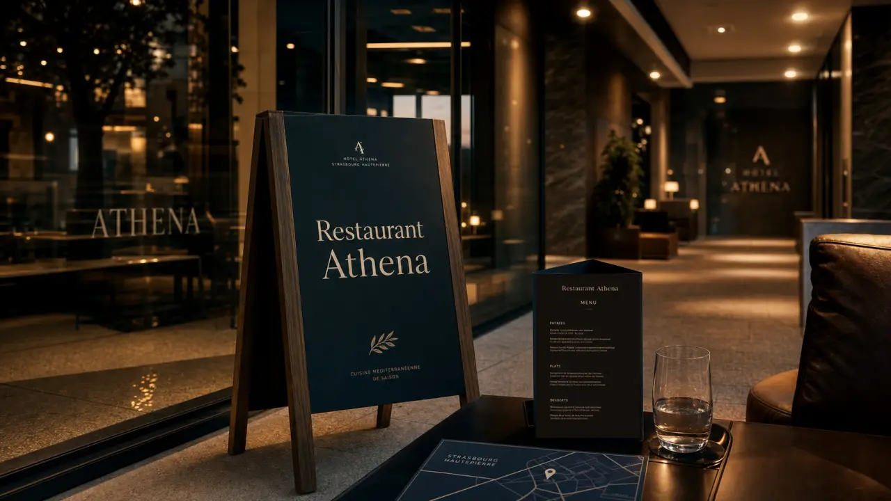 Restaurant Athena Strasbourg, entrée et vitrine de l’hôtel