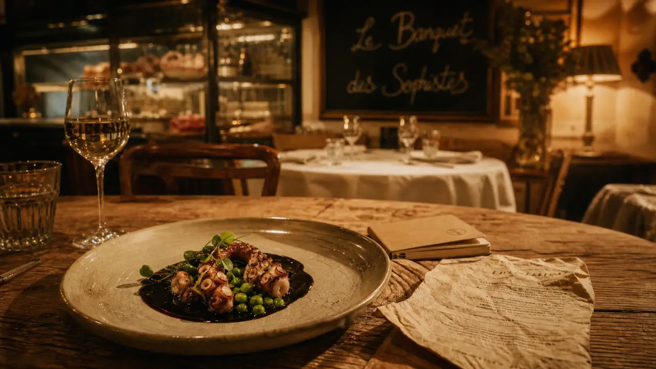 Restaurant le banquet des sophistes Strasbourg : assiette bistronomique de saison, intérieur chaleureux
