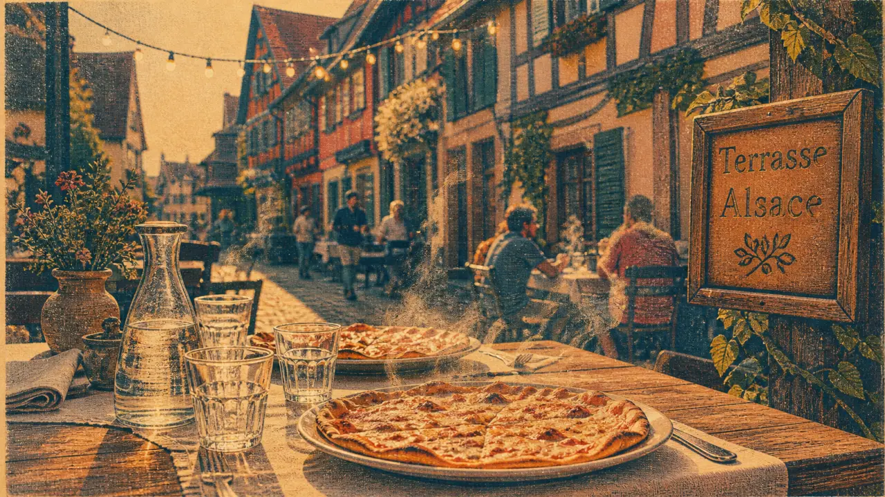 Restaurant terrasse Alsace : vue sur ruelles, tarte flambée