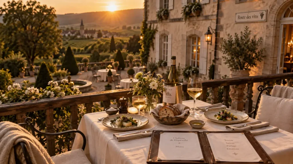 Chateau restaurant alsace : table dressée sur terrasse de château