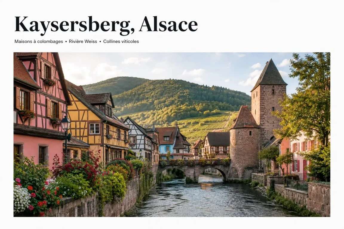 Office tourisme kaysersberg alsace : vue pittoresque du village de Kaysersberg avec ses maisons à colombages et le pont fortifié