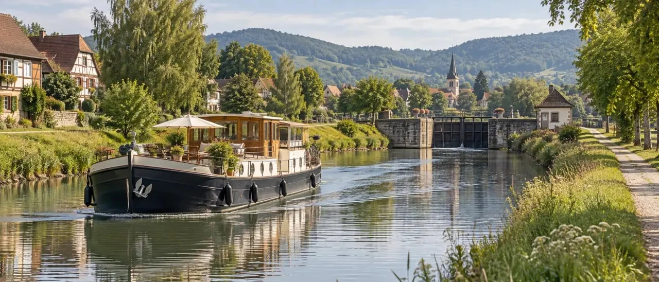Tourisme fluvial en Alsace sur un canal bordé de verdure et de villages