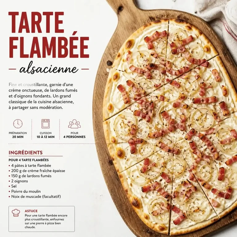 Recette de la tarte flambée alsacienne traditionnelle dans un restaurant à Eguisheim