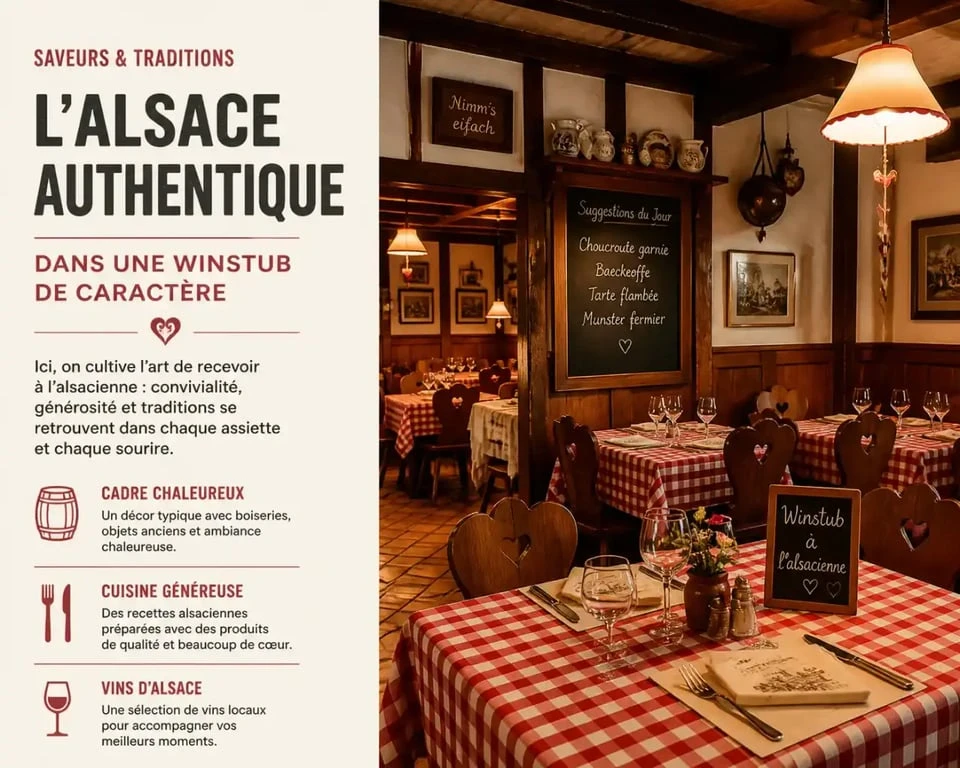 Ambiance traditionnelle d'un restaurant winstub à Eguisheim en Alsace