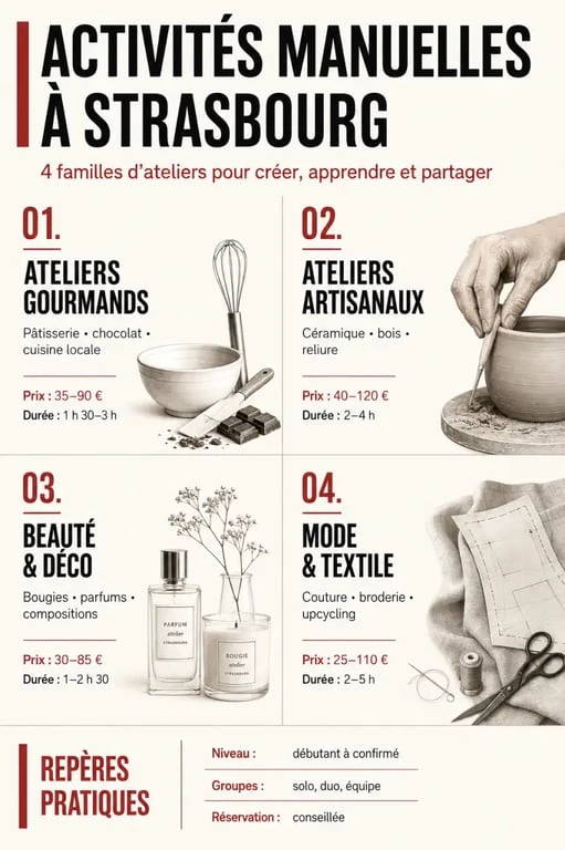 Activités manuelle Strasbourg : synthèse visuelle des ateliers créatifs, prix repères et durées