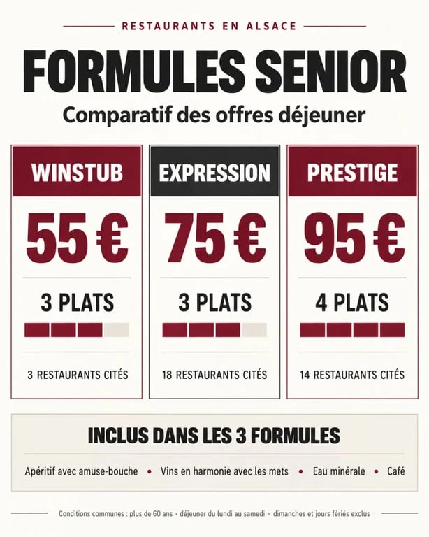 Infographie des formules senior restaurant Alsace Winstub, Expression et Prestige avec prix et contenu