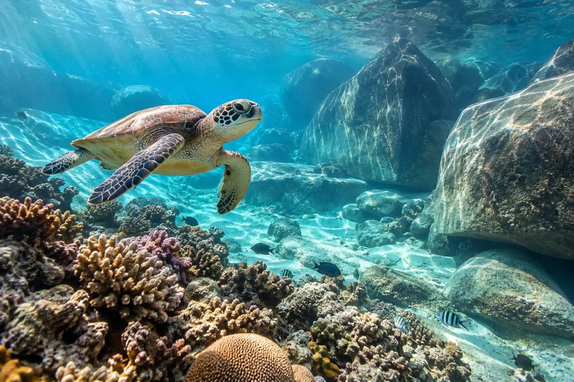 Explorer les trésors sous-marins lors d'un séjour aux Seychelles avec une tortue sur un récif corallien
