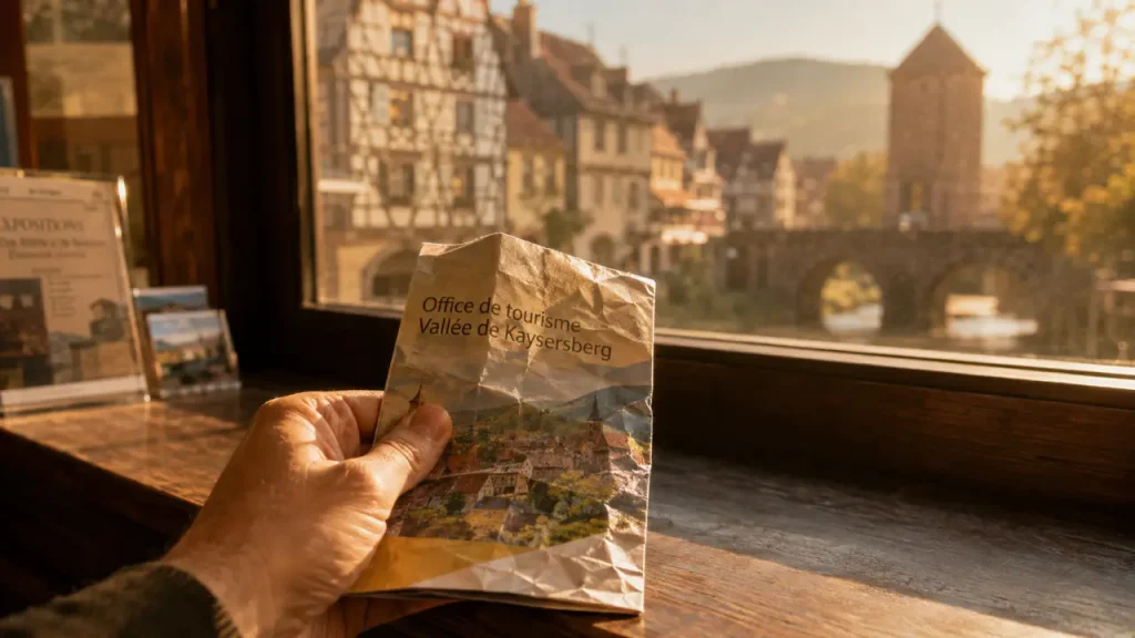 Office tourisme Kaysersberg Alsace : brochure devant le comptoir, village et pont en arrière-plan