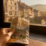 Office tourisme Kaysersberg Alsace : brochure devant le comptoir, village et pont en arrière-plan
