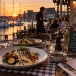 Restaurant l alsace à quai à Lorient : cuisine alsacienne et produits de la mer, vue port au golden hour
