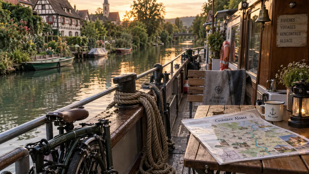 Tourisme fluvial Alsace : péniche sur canal, maisons à colombages et villages