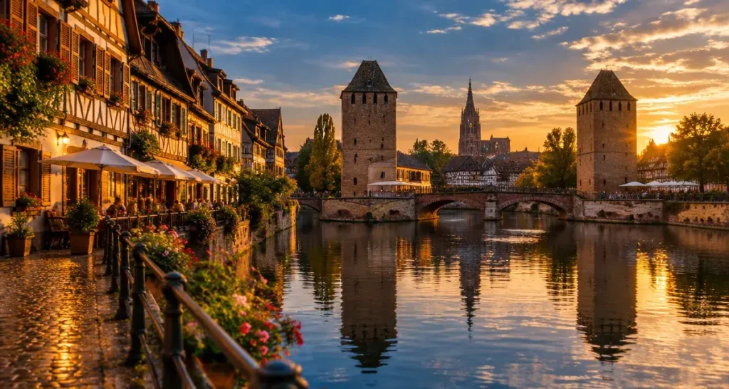 Balade Petite France Strasbourg, canaux, ponts et colombages au coucher du soleil