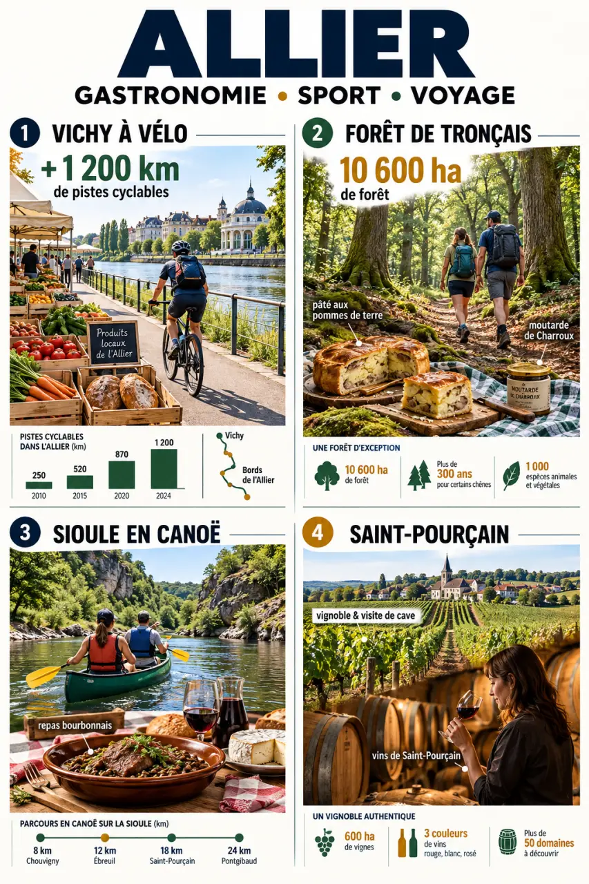 Allier gastronomie locale, pratique du sport et voyage entre vélo, randonnée, canoë et produits du terroir
