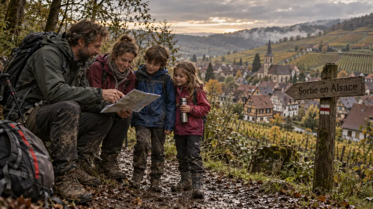 Idée sortie Alsace : randonneurs en Vosges, pluie et vestes imperméables